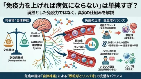 自律神経がコントロールする、白血球（顆粒球とリンパ球）の完璧なバランスが免疫の鍵であると説明する、医療・健康インフォグラフィック。