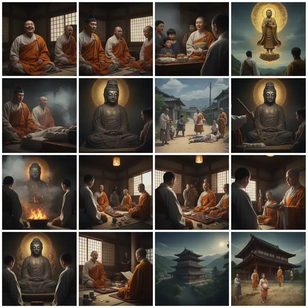 仏・仏閣に関する夢占いの情景を実写でコラージュした画像。笑っている僧侶（財産を得る）、尼僧になって話す人（子孫の繁栄）、仙人との出会い（稀な吉夢）、山伏や行者に会う（病気・悲しみ）、仏を拝み焼香する人（面倒事）、観音菩薩や阿弥陀如来を拝む人（幸福）、仏が家に来る様子（不幸や事故）、仏に叩かれる人（病気の前兆）、路上で仏に会い援助を得る様子、仏に食物を供える人（一家繁栄）、仏から食物をもらう人（病気）、仏像を描く人（名誉）、寺院に参拝する人（ギャンブル運）、遠くから寺院を眺める人（知人からの便り）、寺院内で尼僧と話す人（散財）、寺を新しく建てる様子（妊娠や吉事）など、仏教に関連する様々な情景が含まれている。