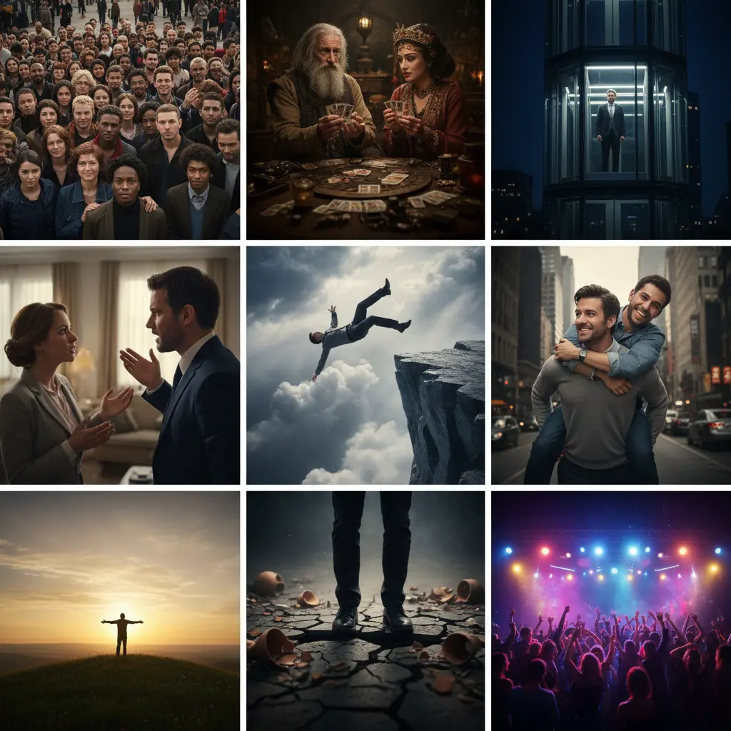 行動に関する夢占いの情景を実写でコラージュした9面画像。多様な行動とそれにまつわる情景。