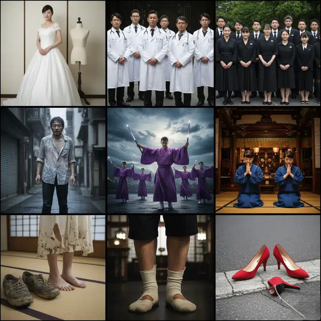 衣服に関する夢占いの情景を実写でコラージュした9面画像。新しい服を着る人（縁談・繁栄）、礼服を着て名声を得る様子、みすぼらしい服を着る人（不吉な警告）とその人を見る幸運な人、服が破れる既婚男性（妻の不祥事）、喪服や袴（出世）、紫色の服を着た人（幸運）、黒い服を着た病人（最悪の夢）、洗濯をする様子（良い知らせ）、靴が泥で汚れて困る人（辱め）、ハイヒールのかかとが落ちる（失恋・事故）、足袋を履く様子、黒い靴下を履く病人（死期）など、衣服や履物に関連する多様な情景が含まれている。