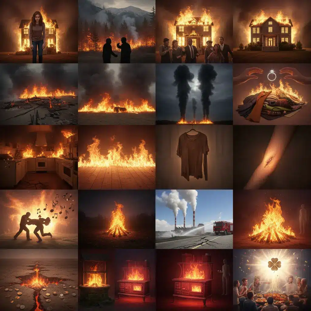 火事の夢に関する夢占いのシーンをコラージュで表現した実写画像。家が燃えている中、女性が立ちすくむ夢（自分が火事に遭う）、山火事の中で口論する二人（山火事）、家族が燃える家を見つめる夢（自分の家が燃える）、煙が黒々と立ち昇る光景（火事の煙）、燃える台所（台所が燃える）、焼け跡とコイン（焼け跡の夢）、燃える衣服を持つ手（衣服が燃える）、火傷を負った腕（火傷の夢）、火の中から人を助ける様子（火の中から人を助ける）、消防車が火を消す様子（火事を消す）、地中や井戸から火が燃え上がる様子、たき火の周りに集まる人々、燃えるストーブ、爆発と四つ葉のクローバーなど、18種類の夢の情景が含まれている。