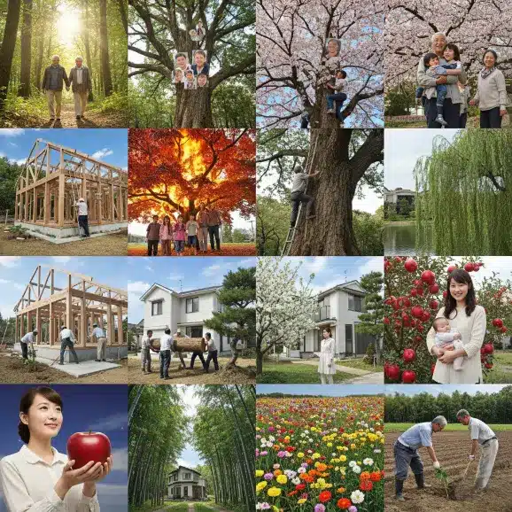 森林・樹木・草花に関する夢占いのシーンをコラージュで表現した実写画像。家業の繁栄を示す緑豊かな森林、花が咲く庭木(散財)、枯れ木と心配事、枯れ木に咲く花(回復)、木が燃える様子(幸福の訪れ)、立身出世を示す必死に木によじ登る人、大きな木を担ぐ人(喜び)、座敷に生える木(凶事)、屋敷に生える松(家運の傾き)、倒れる柱(家の危機)、芽生える柳(希望)、咲く梅の花と散る花、青梅の実、梨を食べる夫婦喧嘩、ブドウの房を切る(親子の別れ)、桃の花、ザクロの実と子供の悩み、林檎の実、松の木を根元から抜き取る人(最高の吉夢)、美しく咲く桜の花(別れや裏切り)、バラのつぼみ、池に咲く蓮の花(不幸)、草花を贈る人(別れ)、雑草の生い茂る庭、杉やヒノキの林の中を歩く人(輝かしい未来)、逆さまに生える木(生活難)、大樹によじ登る人(地位・名誉)、花園でさえずる小鳥、花の上を飛ぶ蝶など、植物と運命の様々な情景が含まれている。