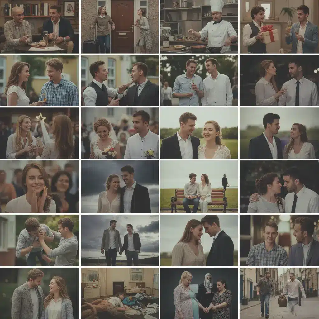 友達・恋人に関する夢占いのシーンをコラージュで表現した実写画像。旧友との再会、遠方から友人が訪ねてくる様子、友人を接待している様子、友人と一緒に働いている様子、友人の昇進を祝福する様子、友人と口論している様子、友人の結婚披露宴に出席する様子、楽しそうに散歩するカップル(財産を失う)、誰かを切なく恋慕う様子、誰かから愛を告白される様子、恋を打ち明けようとするが軽蔑される様子、恋人と語り合う様子(恋人が遠くへ行く)、恋人と喧嘩する様子(良い便り)、恋人とじゃれあっている様子、恋人と一緒に歩く二人(災難)、恋人と出会ったが話さない様子(心が離れる)、恋人と泣いている様子(別離の運命)、恋人を他の人に取られる様子、恋人が浮気している様子、恋人同士が同棲している様子(争いごと)、性交の様子(散財)、恋人が妊娠している様子(愛を横取りされる)、駆け落ちするカップル(凶夢)など、人間関係や恋愛の様々な情景が含まれている。