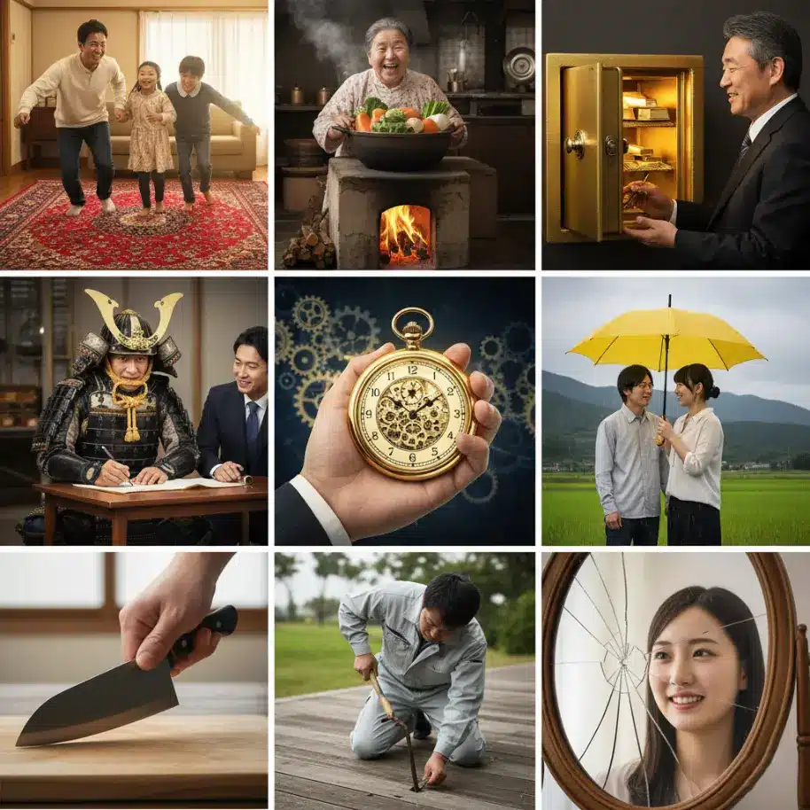 赤いじゅうたんの夢、かまどの夢、金庫の夢、兜の夢、時計の夢、傘の夢、包丁の夢、くぎの夢、鏡の割れる夢