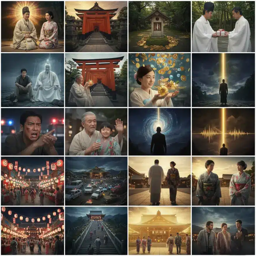 神社・神仏に関する夢占いの情景を実写でコラージュした画像。神様や仏様との会話、神社での参拝(願い事の成就)、鳥居、神官の姿、神と並んで座る人(困難脱出)、神から食べ物や金銀珠玉をいただく様子(長寿、援助)、天からの神の声、神に叱られる様子(不祥事の警告)、神に見送られる様子(子孫の幸運)、神の後ろ姿を拝む様子(希望のストップ)、光輝く神殿、祭りの賑わい、神社に参拝せず帰る様子(トラブルや運勢の下降)など、神仏との関わりを示す様々な情景が含まれている。