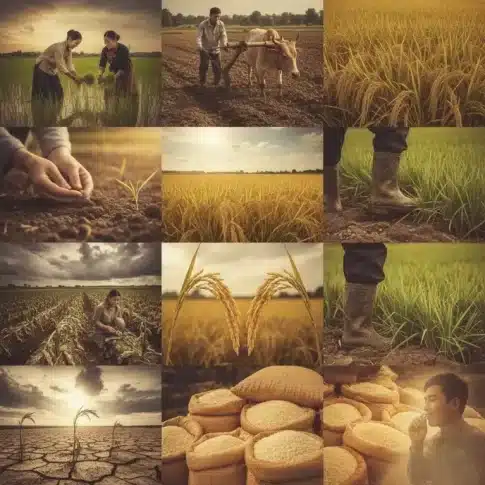 穀物・耕地・農作業に関する夢占いの情景を実写でコラージュした画像。田植えをする人（明るい将来）、田畑を耕す人（一家の繁栄）、稲や麦の種をまく人（発展成長）、実る稲や麦（家庭円満）、稲や麦の田畑を踏みにじる人（大損害）、稲や麦の穂が二股に分かれる様子（喜び事）、稲や麦の生えている田畑を買う人（見通しの誤り）、田畑を買う人（家業繁昌）、積み重ねられた米俵（災難）、畑の作物を取って帰る人（盗難）、野菜畑を踏みにじる人（喉の病気）、しおれたり枯れたりする野菜（家庭内のいざこざ）、水田が荒れている様子（素晴らしい将来）、よく育っている野菜（金銭上の利益）、米俵（大吉）、米を噛む人（幸福）など、農業に関連する多様な情景が含まれている。