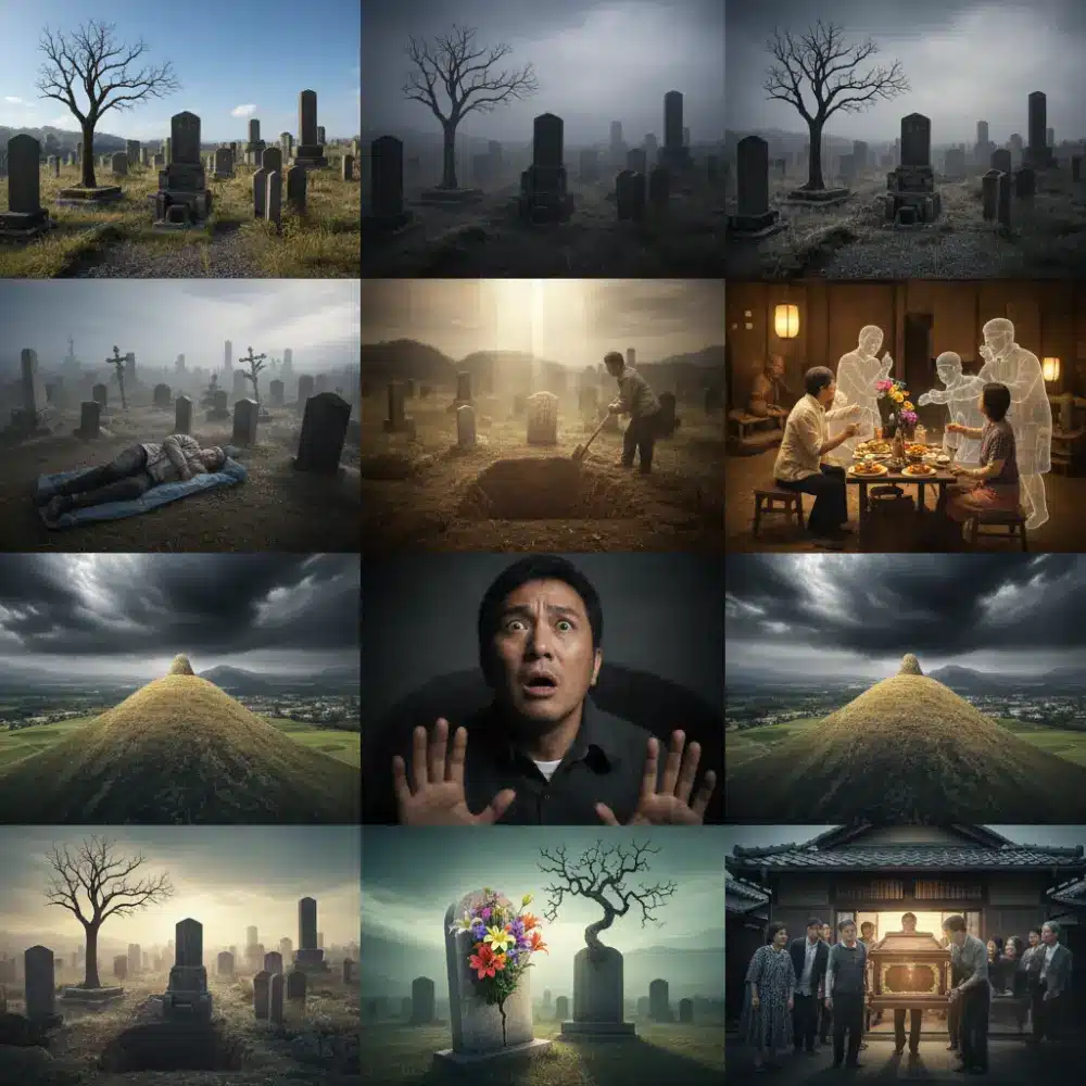 墓・棺に関する夢占いのシーンをコラージュで表現した実写画像。明るい墓地の光景(良いことの知らせ)、夕暮れ時や暗い墓地の光景(凶夢)、墓地で横たわって寝る人(大利益)、新しい墓を建設する様子(好運)、祖先の墓参りをする人(歓待)、墓穴をのぞき込む人(非常事態)、山中の墓や塚と黒雲(凶夢)、新しい墓や棺(悩み事の解消)、墓の上に生える不吉な樹木(家族の身の上に不吉なこと)、墓の上に咲く鮮やかな花(素晴らしい幸運)、他人の柩が家の中に運び込まれる様子(大きな財や昇進)など、墓地や死に関わる多様な情景が含まれている。
