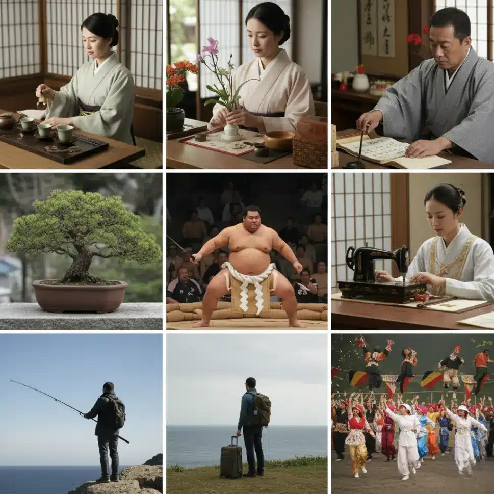 趣味に関する夢占いの情景を実写でコラージュした9面画像。多様な趣味や娯楽の活動とそれにまつわる情景。