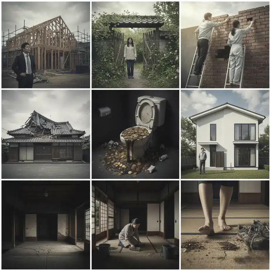 住まいに関する夢占いの情景を実写でコラージュした9面画像。新しい家を建てる様子、門を開く様子(家庭不和)、門内に生える草木(吉夢)、塀を改造する人(運勢好転)、屋根に登る人、崩れ落ちる屋根瓦(病人の知らせ)、床の間に座る人(不幸の警告)、便所の汚物(利益)、便所の中に落ちる人(凶夢)、大きな家に移転する家族(運勢上昇)、倒壊する家(病気の前触れ)、古びてガランとした家(寂しい一生)、家を掃除する人(来客の前触れ)など、家の構造や状態に関連する多様な情景が含まれている。