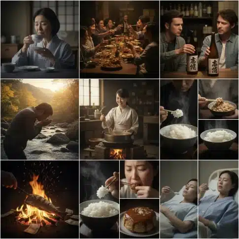 食事・食べ物に関する夢占いの情景を実写でコラージュした9面画像。多様な食事・食べ物とそれにまつわる情景。