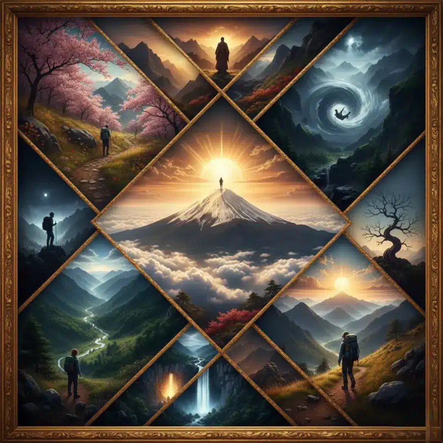 富士山、山登りをする人物、深い谷、そして天に昇る龍、太陽、月、星といった天体を組み合わせた幻想的なイラストコラージュ。目標達成、昇進、そして破産や転落の警告を象徴する夢占いのサムネイル画像。