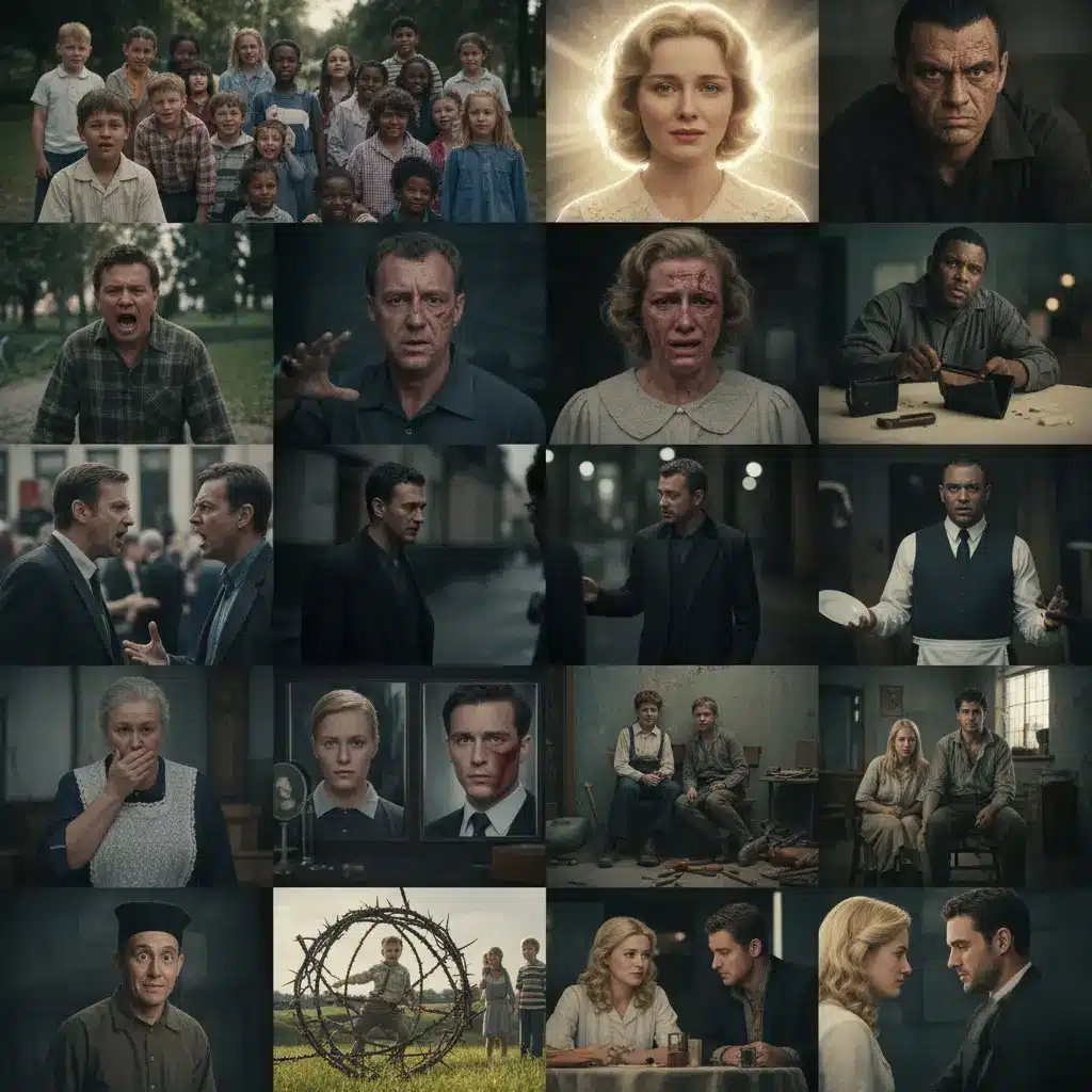 一般人に関する夢占いのシーンをコラージュで表現した実写画像。大勢の子供が遊んでいる様子(悲しい出来事)、美人の女性のポートレート(運が開ける)、醜い女性(女難)、色黒で醜い男性のポートレート(経済的困難)、人相の悪い男女が睨み合っている様子(けんかや口論)、見知らぬ男性のポートレート(不祥事)、男性の使用人が短気な表情をしている様子(短気を慎む)、お手伝いさんが口元に指をあてている様子(言葉を慎む)、美男美女に整形した後の顔(怪我をする知らせ)、真面目に働いているが生活に困っている貧しい人(悲しい出来事)、愚かな行動をしている人(非常な難儀)など、多様な人々の姿や状況が含まれている。