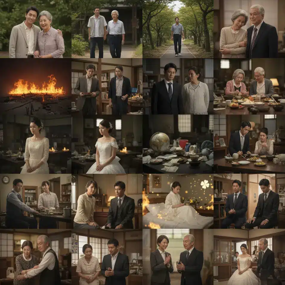 父母・夫婦に関する夢占いのシーンをコラージュで表現した実写画像。元気な両親と並ぶ成人した子供(壮健な父母の夢)、両親と一緒に歩く様子(父母と歩く夢)、夫婦が和やかに酒を飲む様子(和やかに夫婦で酒を飲む夢)、夫婦げんかの様子、夫婦が座ってほほ笑む様子(夫婦が座っている夢)、夫婦が同じ布団で寝ている様子、夫が愛人と一緒に寝ている様子(夫が妻と愛人と一緒に寝た夢)、妻が夫を抱いている様子、夫や妻が亡くなった時の悲しむ様子(夫婦が死別する夢)、夫婦とも白髪で髪をとかす様子、妻がウェディングドレスを着て嫁ぐ様子(妻が結婚する夢)、女性が一人でたたずむ様子(離婚の夢)など、様々な家族や夫婦の情景が含まれている。