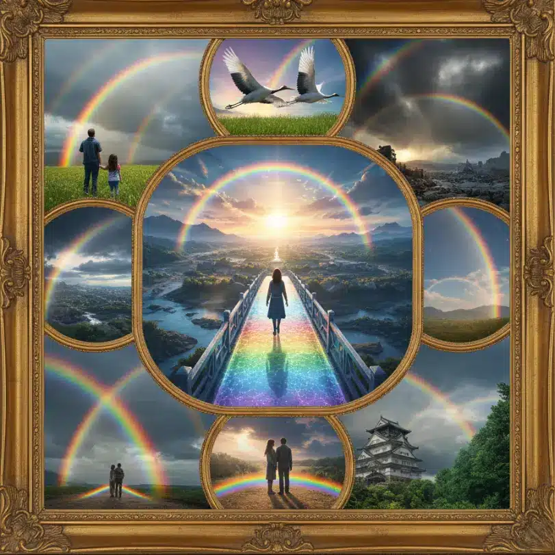 空にかかる虹、虹を渡る人物、そして龍、太陽、月、星といった天体を組み合わせた幻想的なイラストコラージュ。名声、願いの成就、そして裏切りや警告を象徴する夢占いのサムネイル画像。