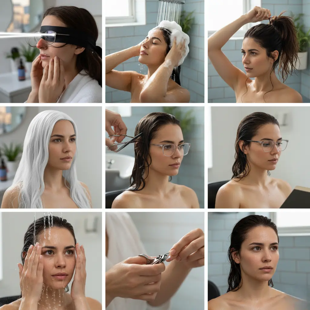 夢占いのサムネイル画像9枚に関するALT属性は、鏡の前で長い髪をとかす手元(髪をすく夢)、シャワーの下で洗髪する女性の穏やかな表情(髪を洗う夢)、髪をポニーテールに結ぶ手元(髪を結う夢)、長く輝く黒髪と対照的な真っ白な髪の毛束(髪が長く伸びたり真っ白に変わったりする夢)、美容師が髪の毛先にハサミを入れるクローズアップ(髪をカットしてもらう夢)、知的なメガネをかけて何かを見つめる横顔(メガネをかける夢)、洗面器や洗眼液で目を洗う手元(眼を洗う夢)、爪切りで指の爪を切っている手元(爪を切る夢)、そして運動後に額に汗をかき疲労と達成感が混ざった表情(汗をかく夢)で構成されています。