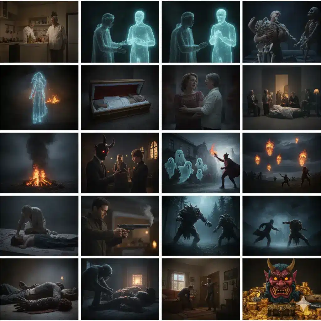 死者・幽霊・化け物に関する夢占いのシーンをコラージュで表現した実写画像。亡くなった親が生き返る様子(争い)、亡くなった友人が現れる様子(物質的困難)、亡くなった人と会話する様子(相談事の成就)、死人が棺から出てくる様子(ご無沙汰していた人の訪問)、死人が家の中に入ってくる様子(幸運)、死体を抱く人(大吉夢と財運)、死臭を放つ死体(事業繁栄)、ウジ虫がわいた水死体(大きな利益)、がいこつを抱く人(詐欺や名誉の毀損)、自分が死んでいる様子(大吉夢と財産増加)、生きている知人が死ぬ様子(金運)、葬式を出す様子(散財)、自分が死んで葬式される様子(大吉)、火葬場や火葬の様子(良い事)、葬式で弔問する人(妊娠や出産)、幽霊やお化け、亡霊の姿(家運の傾き)、悪魔に襲われる人(一命にかかわる事件)、悪魔と戦って勝つ人(大成功)、火の玉が飛んでいる様子(災難)、お化けや怪物に追われる人(心配事)、お化けや怪物を追いかける人(災難回避)、怪物に押さえつけられる人(開運)、怪物にやられる人(病気や迫害)、ピストルで怪物を打ち負かす人(ギャンブル・訴訟の勝利)、怪物が家に入る様子(トラブル)、自分が鬼になっている様子(運が開け財運に恵まれる)など、不吉なものや死にまつわる多様な情景が含まれている。