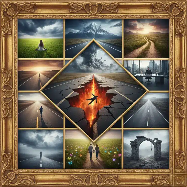 地震で地が裂ける様子、広い道路、そして天に昇る龍、太陽、月、星といった天体を組み合わせた幻想的なイラストコラージュ。人生の基盤と進路、昇進、そして運命の危機を象徴する夢占いのサムネイル画像。