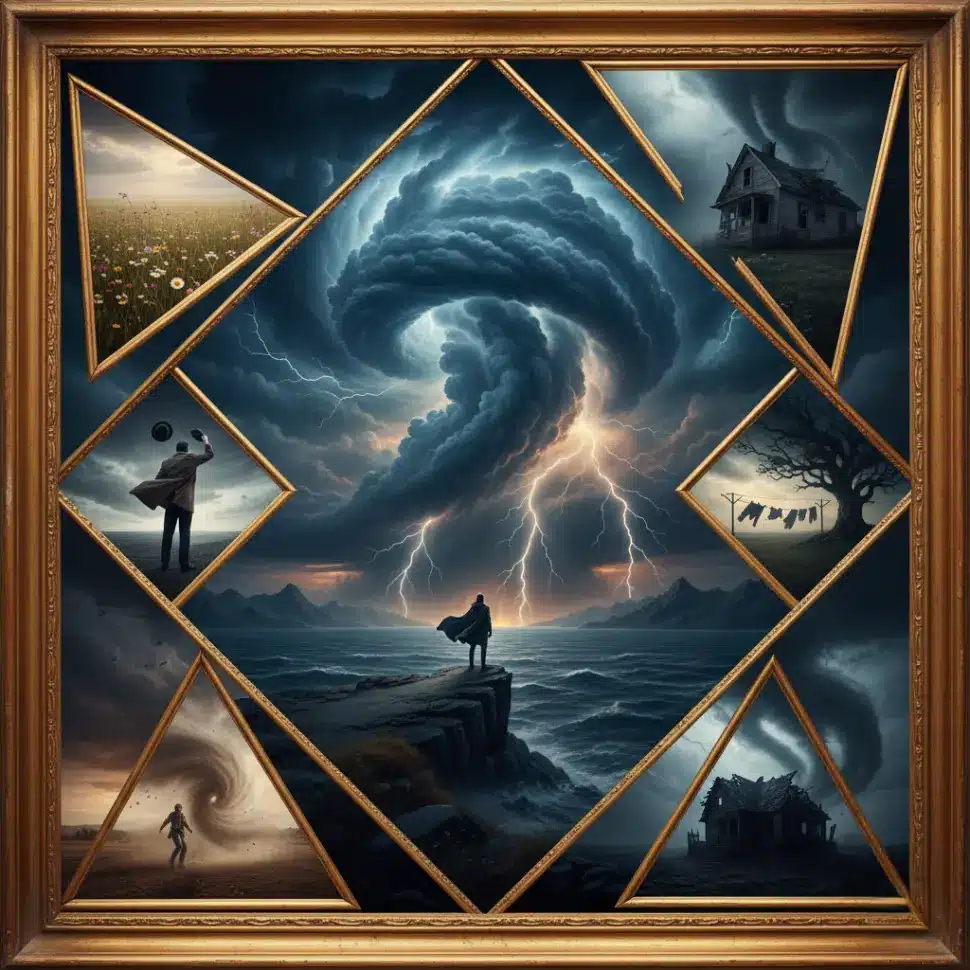 激しい風や嵐、つむじ風の情景、および天に昇る龍、太陽、月、星といった天体を組み合わせた幻想的なイラストコラージュ。倒産、別れ、破滅といった運命の変動と警告を象徴する夢占いのサムネイル画像。