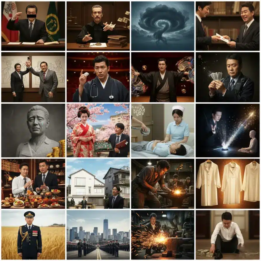 職業に関する夢占いのシーンをコラージュで表現した実写画像。言葉を慎むべき教訓を示す政治家、犯罪を象徴する裁判官、不和を生じさせる弁護士、不名誉な事件を示す警察官、郵便配達員、だまし合いを示すデザイナー、俳優や役者を見る人、詐欺に注意を促す落語家、奇術師、悲しみを生じる彫刻師、美しい芸者、健康とお金を示す医者、病難を免れる看護師、子供が生まれるお産婆、病気が全快する乳母や子守り、ご馳走にあずかる理容師や美容師、家が建つ大工や建築士、秘密やたくらみを示す左官、家業が忙しくなる鍛冶屋、幸福を授かるクリーニング、利益と栄光を示す軍人や武人、事業が成功する商人や金持ち、自分が金持ちになっている様子など、多様な職業とそれにまつわる夢の情景が含まれている。