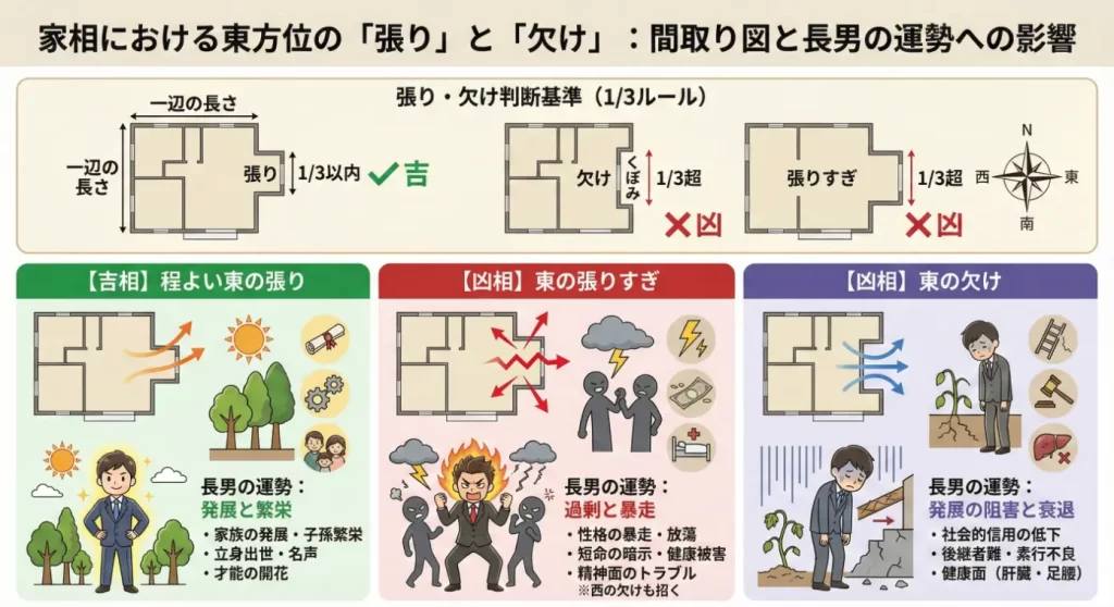 家相における東方位の「張り」と「欠け」の間取り図イメージと長男の運勢への影響