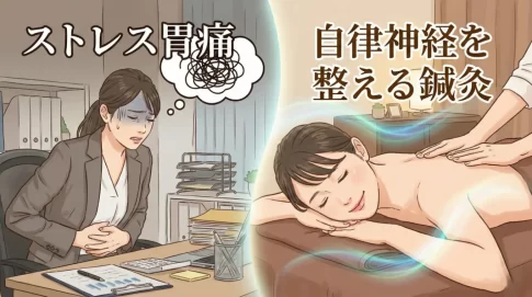 ストレスで胃の不調を感じる真面目な女性と自律神経を整える鍼灸治療のイメージ