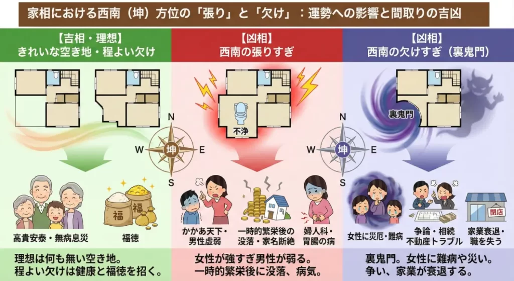 家相「西南(裏鬼門)」の張り欠けは妻の運気を左右!「張り過ぎ」は後家相の危険も