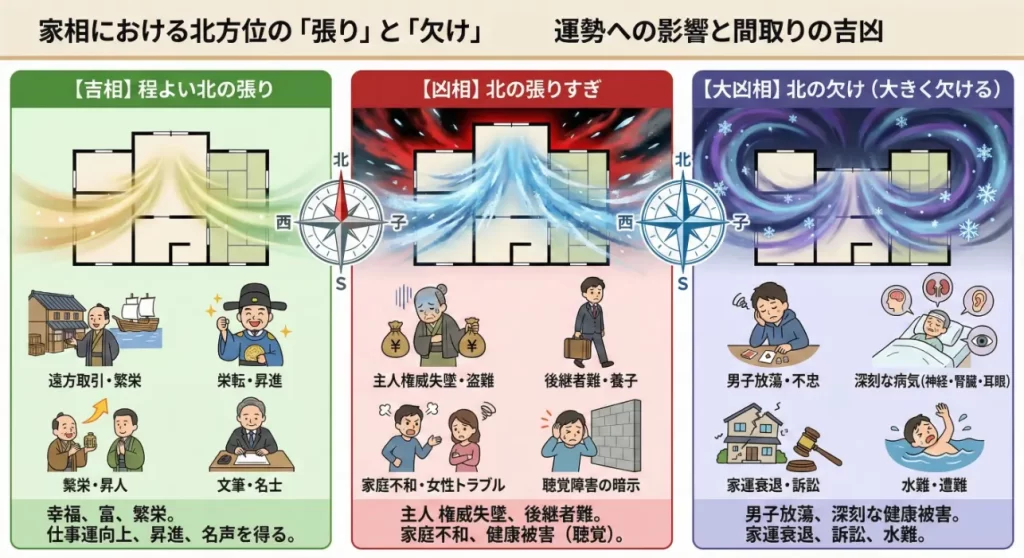 家相における北方位の張りと欠けの解説図