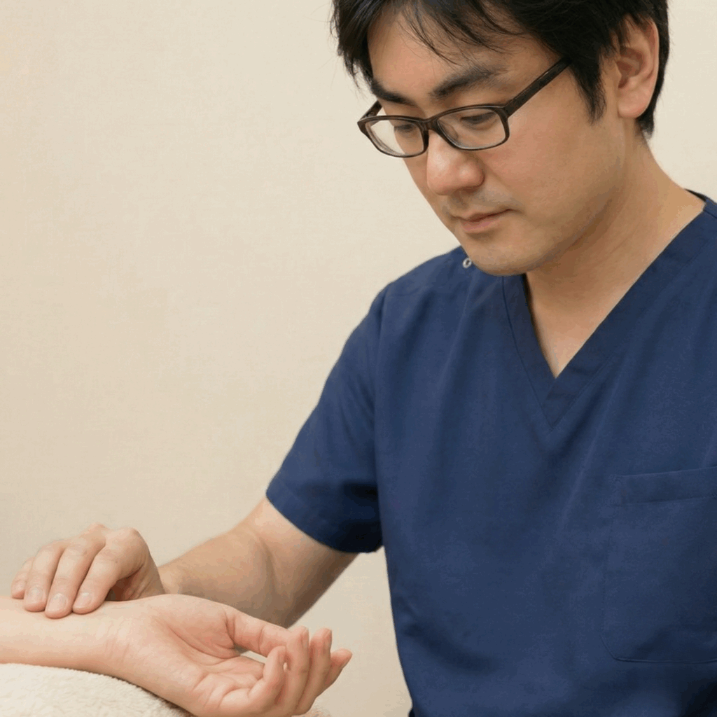 ひごころ治療院の脈診の様子。東洋医学の視点で身体の声を聴く院長。