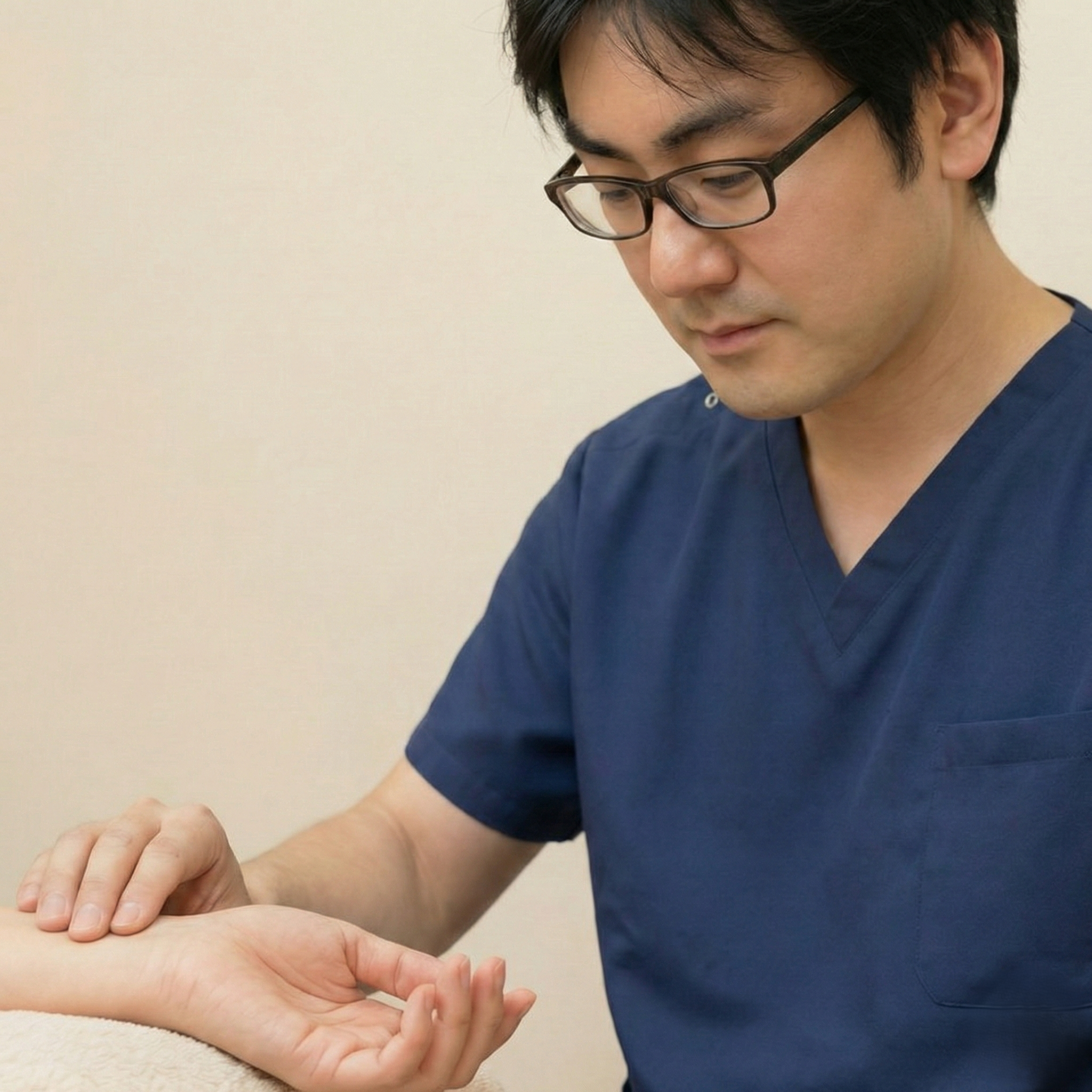 ひごころ治療院の脈診の様子。東洋医学の視点で身体の声を聴く院長。