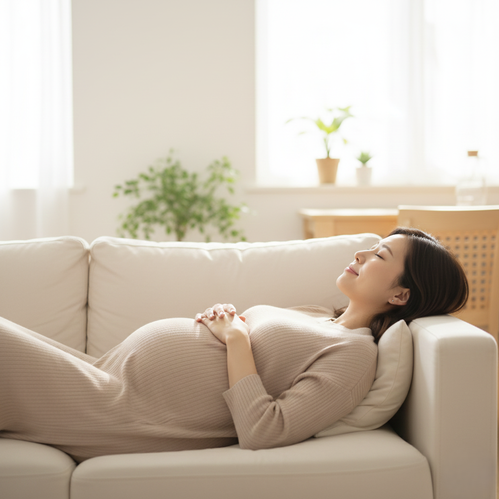 逆子ケア・安産灸のイメージ。ソファでリラックスして横になる妊婦さん