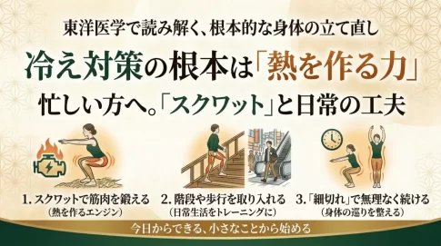 冷え対策の根本は「熱を作る力」であることを解説する、上品な和風デザインのインフォグラフィック。東洋医学の視点で、忙しい人に向けてスクワットと日常生活の工夫を提案。具体的に、1. スクワットで筋肉を鍛える、2. 階段や歩行を取り入れる、3. 細切れで無理なく続ける、という3つのポイントをイラストとテキストで紹介し、「今日からできる、小さなことから始める」と結んでいる。