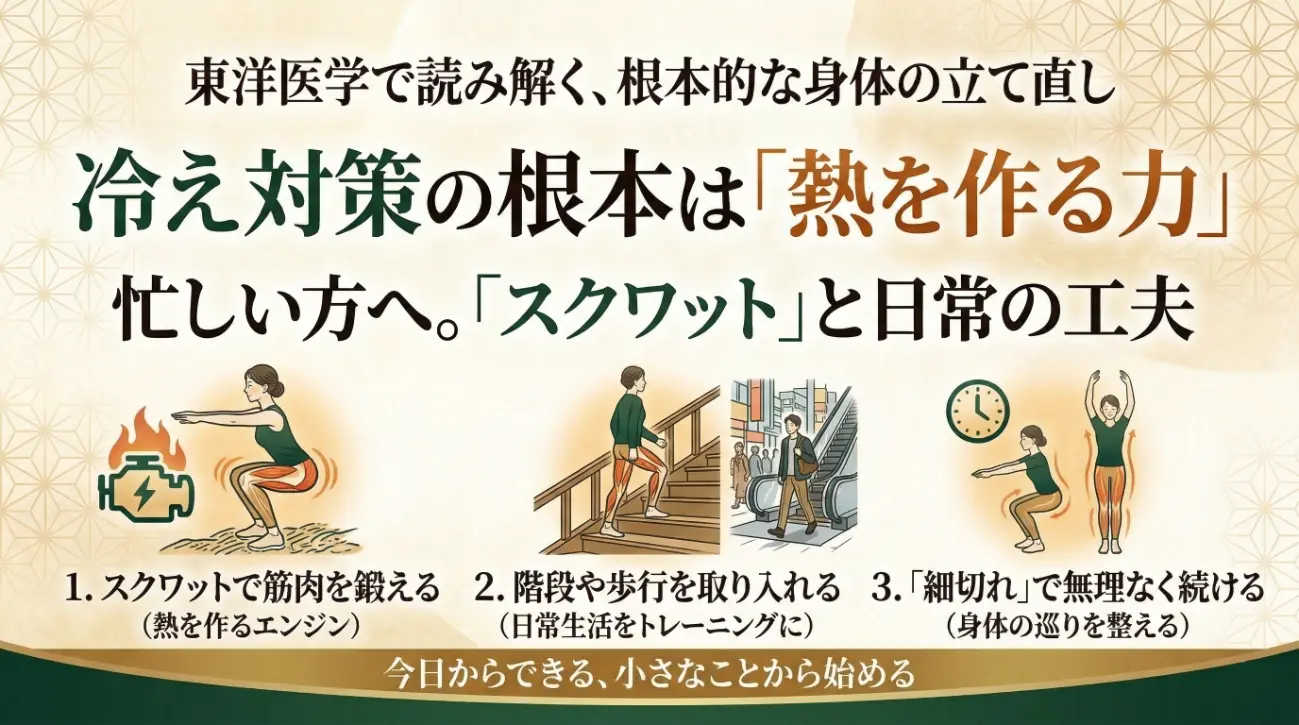 冷え対策の根本は「熱を作る力」であることを解説する、上品な和風デザインのインフォグラフィック。東洋医学の視点で、忙しい人に向けてスクワットと日常生活の工夫を提案。具体的に、1. スクワットで筋肉を鍛える、2. 階段や歩行を取り入れる、3. 細切れで無理なく続ける、という3つのポイントをイラストとテキストで紹介し、「今日からできる、小さなことから始める」と結んでいる。