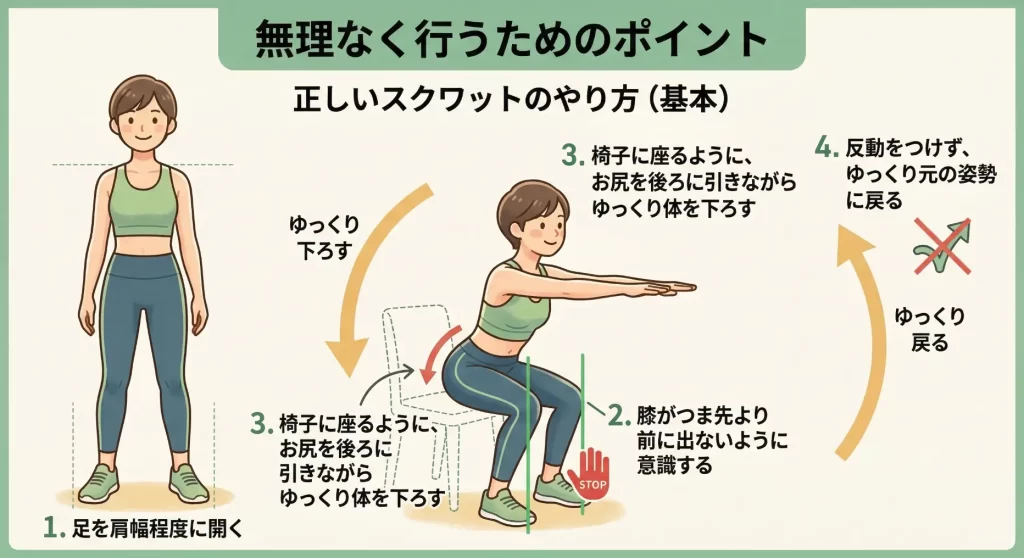 無理なく行うための正しいスクワットのやり方をイラストで解説した図。1.足を肩幅程度に開く、2.膝がつま先より前に出ないように意識する、3.椅子に座るように、お尻を後ろに引きながらゆっくり体を下ろす、4.反動をつけず、ゆっくり元の姿勢に戻る、という4つのポイントを示しています。