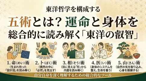 東洋医学や東洋哲学の根底にある「五術」を解説する洗練された和風インフォグラフィック。メインテキストは「五術とは？運命と身体を総合的に読み解く『東洋の叡智』」。上部に「東洋哲学を構成する」とあり、下部に5つの分野をイラストと説明で紹介。1. 命 (めい) 術：生まれ持った「設計図」を読み解く（四柱推命・星平会海・紫微斗数）、2. 卜 (ぼく) 術：偶然の中に「必然」を見出す（易経・タロット）、3. 相 (そう) 術：目に見える「形」から内面を読み解く（手相・顔相（人相）・風水（家相・墓相））、4. 医 (い) 術：身体のシステムを整え、生命を養う（鍼灸治療・漢方薬）、5. 山 (さん) 術：自然の気を取り込み、心身を鍛錬する（気功・呼吸法・瞑想・食事療法）。下部に「自分自身を深く理解するための総合的なツール」と結ぶ。温かいクリームとゴールド、グリーンを基調とした和風パターン。