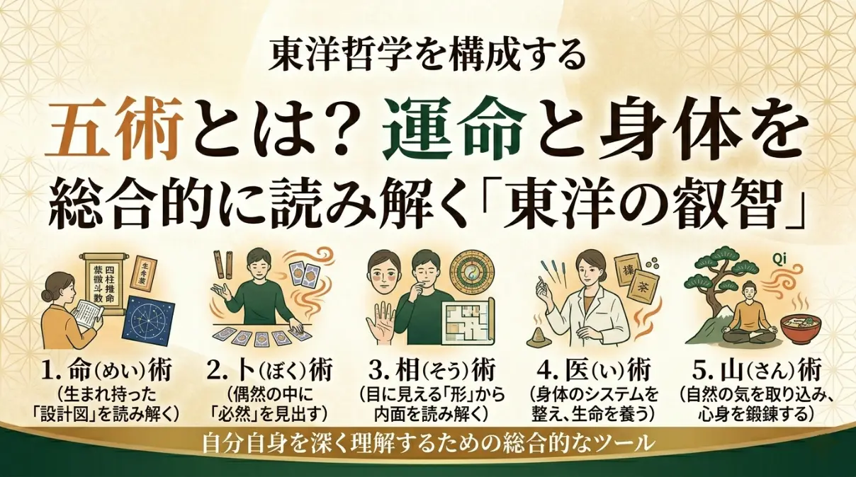 東洋医学や東洋哲学の根底にある「五術」を解説する洗練された和風インフォグラフィック。メインテキストは「五術とは？運命と身体を総合的に読み解く『東洋の叡智』」。上部に「東洋哲学を構成する」とあり、下部に5つの分野をイラストと説明で紹介。1. 命 (めい) 術：生まれ持った「設計図」を読み解く（四柱推命・星平会海・紫微斗数）、2. 卜 (ぼく) 術：偶然の中に「必然」を見出す（易経・タロット）、3. 相 (そう) 術：目に見える「形」から内面を読み解く（手相・顔相（人相）・風水（家相・墓相））、4. 医 (い) 術：身体のシステムを整え、生命を養う（鍼灸治療・漢方薬）、5. 山 (さん) 術：自然の気を取り込み、心身を鍛錬する（気功・呼吸法・瞑想・食事療法）。下部に「自分自身を深く理解するための総合的なツール」と結ぶ。温かいクリームとゴールド、グリーンを基調とした和風パターン。