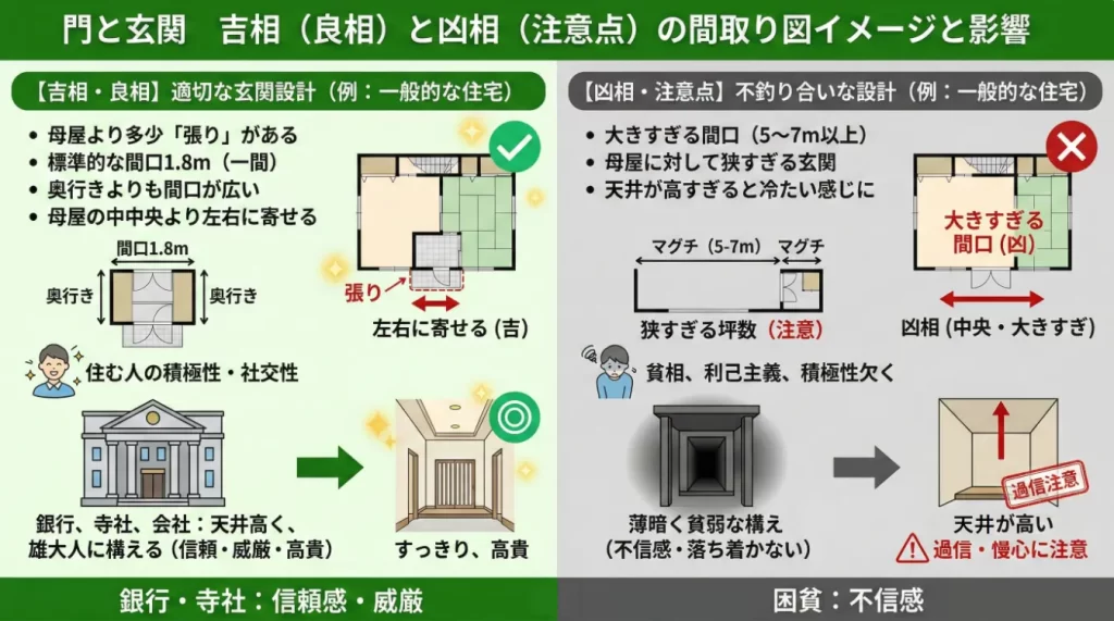 門と玄関　吉相と凶相の間取り図のイメージと影響の解説図