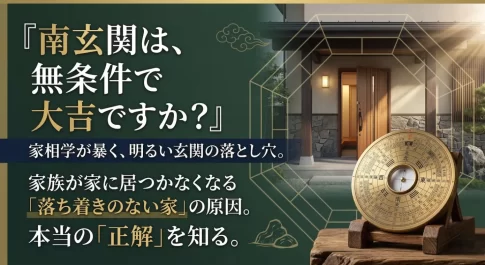 和風モダンな家の玄関と、木製の台座に乗った古風な方位羅盤（羅針盤）のビジュアル。左側には、深緑の背景に『南玄関は、無条件で大吉ですか？』という問いかけをメインにしたテキストブロックと、金色の雲のイラスト。全体が風水や家相を象徴する幾何学的な図形で囲まれたサムネイル画像。