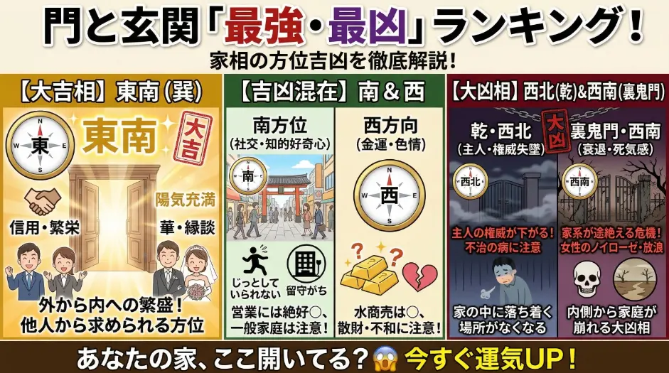 門と玄関の家相方位ランキング。東南は大吉(繫栄)、西北・西南は大凶(崩壊)と、影響を比較。