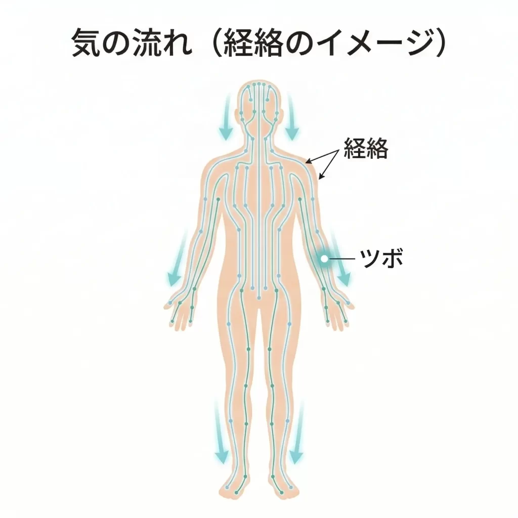 体内を流れる気のエネルギーと経絡の流れを示した東洋医学の図