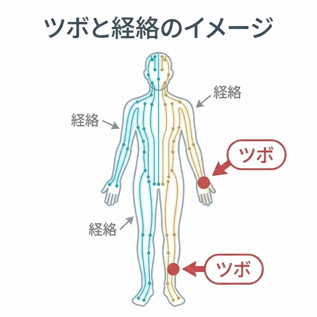 東洋医学の経絡とツボのイメージ図|気が流れるルートとツボの位置