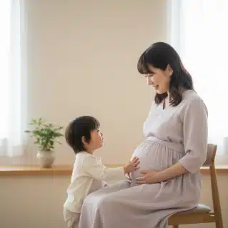 妊婦さんとお腹に手を当てている子供