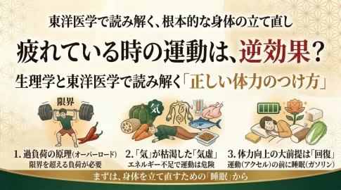 東洋医学に基づく体力向上をテーマにした和風デザインのインフォグラフィック。上部には「東洋医学で読み解く、根本的な身体の立て直し」という見出し。メインタイトルは「疲れている時の運動は、逆効果？」、サブタイトルは「生理学と東洋医学で読み解く『正しい体力のつけ方』」。3つのポイントがイラストとともに紹介されている。1つ目は、限界を超える重いバーベルを持ち上げようとする男性のイラストで「過負荷の原理（オーバーロード）限界を超える負荷が必要」。2つ目は、力尽きて横たわる男性のイラストで「『気』が枯渇した『気虚』エネルギー不足で運動は危険」。3つ目は、安らかに眠る女性とバッテリー、花のアイコンのイラストで「体力向上の大前提は『回復』運動（アクセル）の前に睡眠（ガソリン）」。下部には「まずは、身体を立て直すための『睡眠』から」というメッセージ。