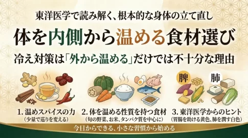 東洋医学に基づく「根本的な身体の立て直し」をテーマにしたインフォグラフィック。タイトルは「体を内側から温める食材選び」。冷え対策は「外から温める」だけでは不十分と主張。3つのポイントを挙げ、1. 温めスパイスの力、2. 体を温める性質を持つ食材、3. 東洋医学からのヒント（胃腸を助ける黄色、肺を潤す白色）を、食材のイラスト（生姜、野菜、肉、大豆製品など）とともに紹介している。下部には「今日からできる、小さな習慣から始める」と記載。