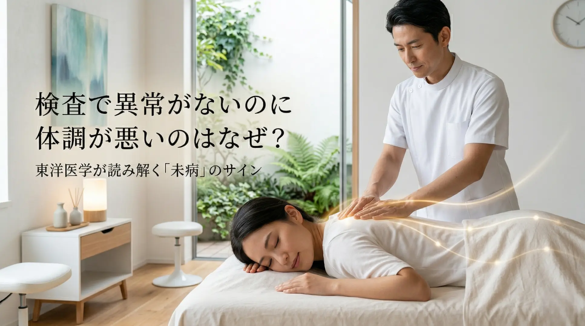 「モダンな東洋医学クリニックで、男性施術者がうつ伏せの女性患者に施術をしている様子。女性の背中にはエネルギーの流れを表す黄金色の光るラインが流れている。画像左側には『検査で異常がないのに体調が悪いのはなぜ？』と『東洋医学が読み解く「未病」のサイン』という日本語のテキストがある。」