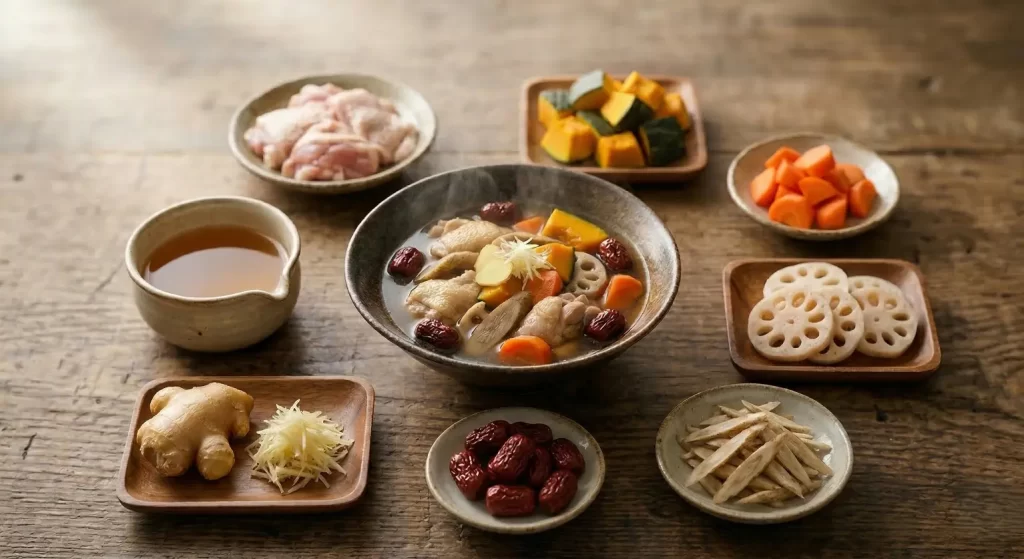 木のテーブルの中央に置かれた、鶏肉や南瓜、人参、蓮根、なつめ、生姜などが入った湯気の立つ温かいスープ。その周囲には、体を内側から温める働きを持つ食材(生の生姜、なつめ、ごぼう、蓮根、人参、かぼちゃ、鶏肉)がそれぞれの小鉢に丁寧に盛られて並んでいます。