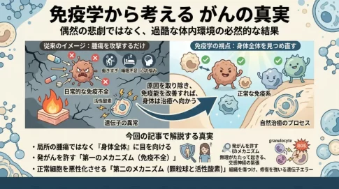 「免疫学から考える がんの真実」：従来のイメージ（原因：免疫不全）から免疫学の視点（治癒：自然治癒）への移行を示すインフォグラフィック。