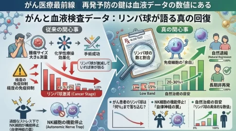 がん医療における従来の局所治療(リンパ球5-15%)から、リンパ球数と割合に基づいた自然治癒の目安(Healthy Range 20-30%+)への関心のシフトを解説するインフォグラフィック