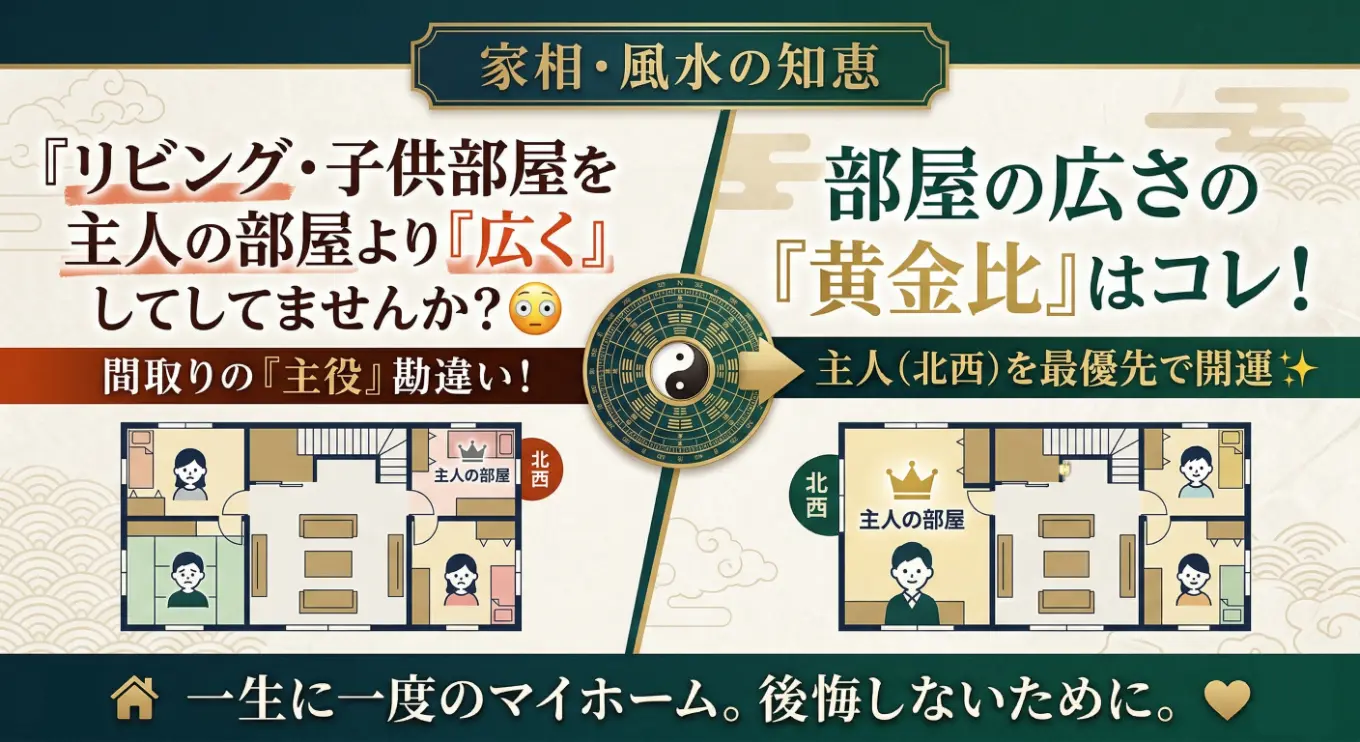 伝統的な和風デザインの家相・風水アドバイス画像。中央の羅盤が左から右へ矢印を指し、問題から解決への流れを示しています。左側には赤いテキストで「『リビング・子供部屋』を主人の部屋より『広く』していませんか?間取りの『主役』勘違い!」と問題提起。右側には金色のテキストで「部屋の広さの『黄金比』はコレ!主人(北西)を最優先で開運」と解決策が書かれています。上部のバナーには「家相・風水の知恵」、下部には「一生に一度のマイホーム。後悔しないために。」の文字と、家、ハートのアイコンが配置されています。