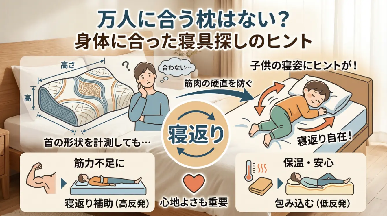 万人向け枕はない、と伝える寝具選びのインフォグラフィック。寝返りが身体の硬直を防ぐ鍵であり、計測重視の枕 vs 子供の自由な寝返り、高反発（寝返り補助）と低反発（保温）の違い、そして心地よさの重要性を解説。